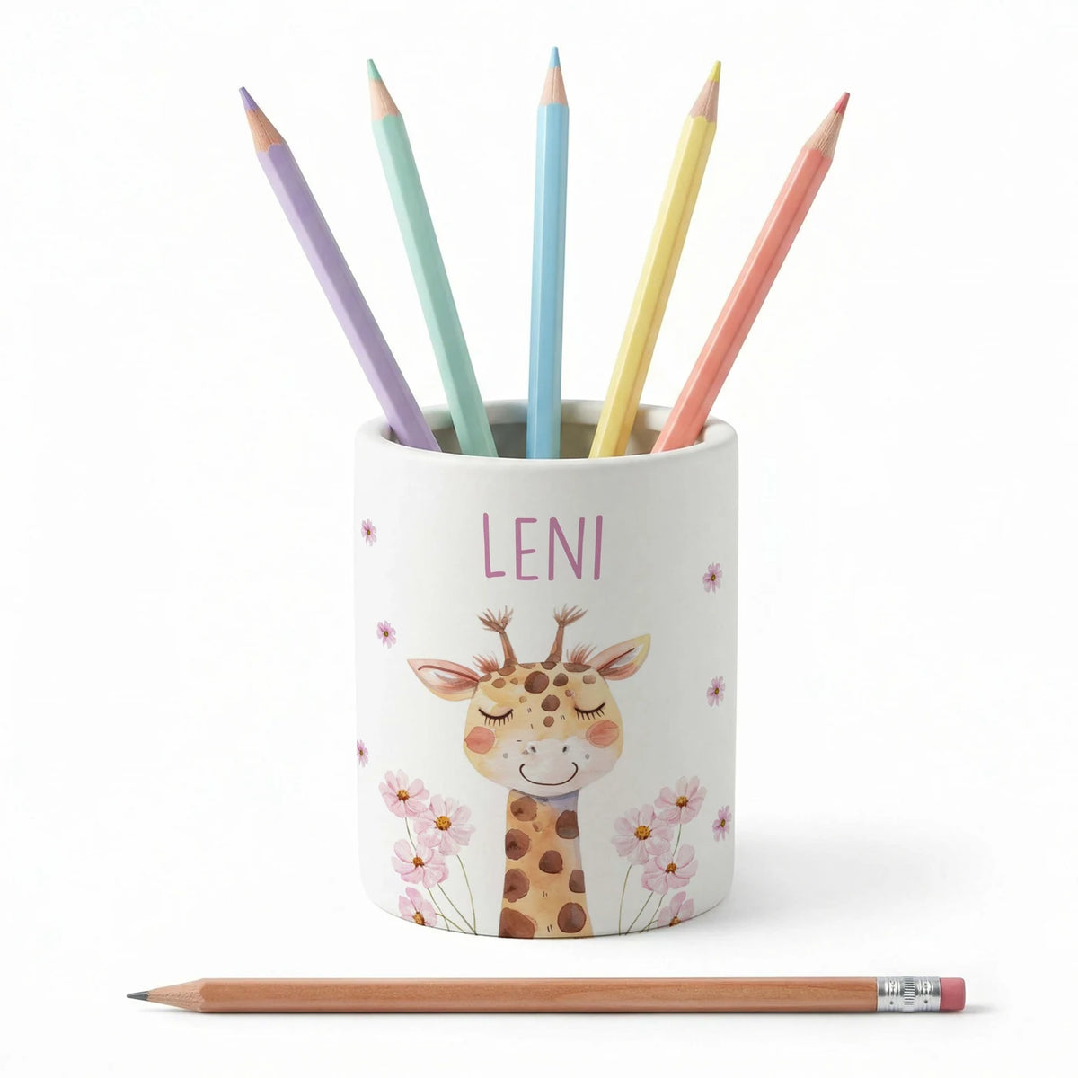 Personalisierter Stiftehalter Giraffe Blumen â Keramik mit Wunschname