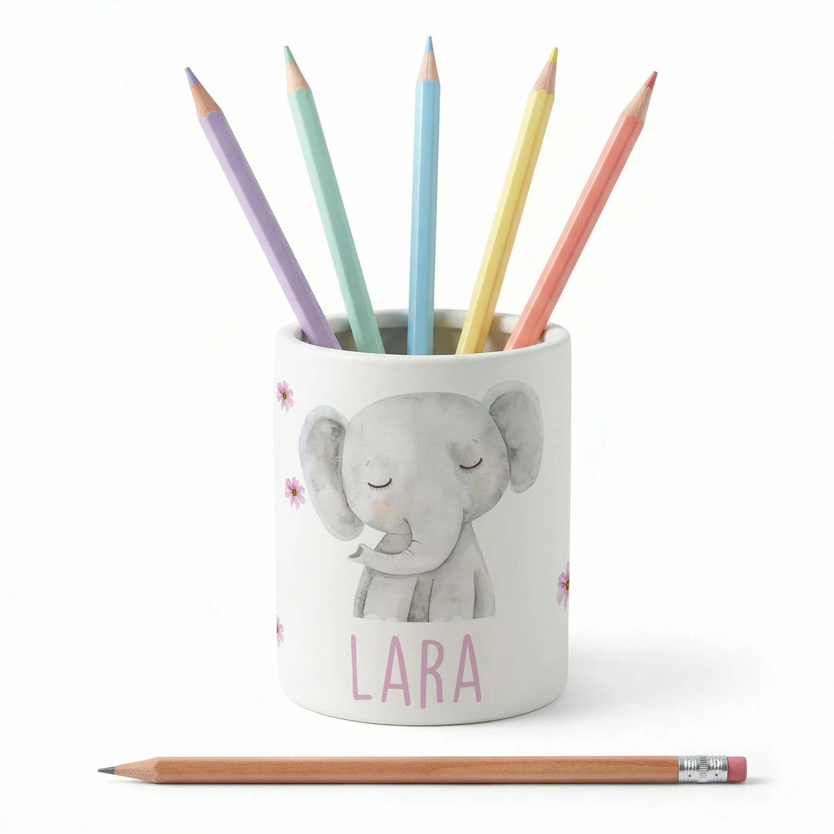 Personalisierter Stiftehalter Elefant Blumen â Keramik mit Wunschname