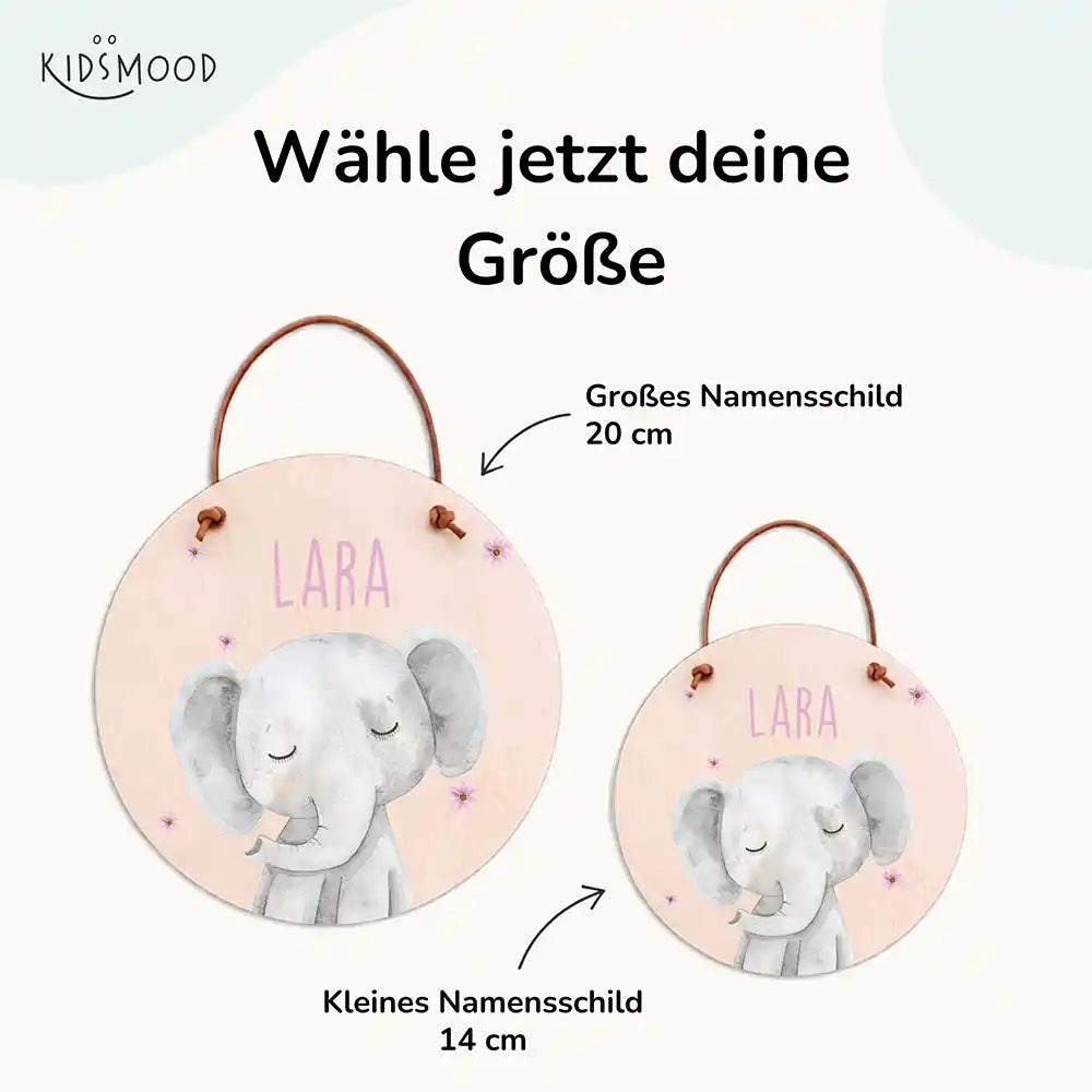 Türschild Kinderzimmer Elefant mit Blüten, mit fertig montiertem Lederband zum Aufhängen