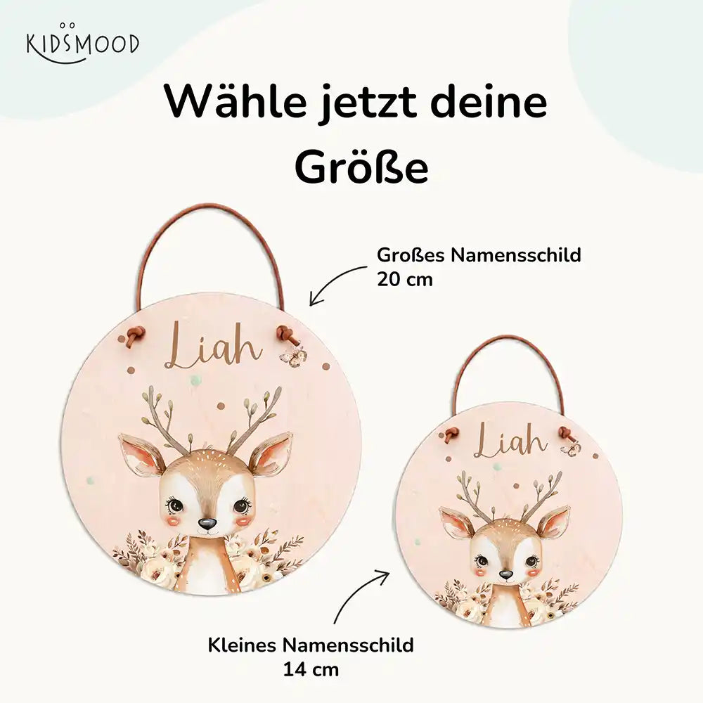 Türschild Kinderzimmer Hirsch mit Blumen, mit fertig montiertem Lederband zum Aufhängen