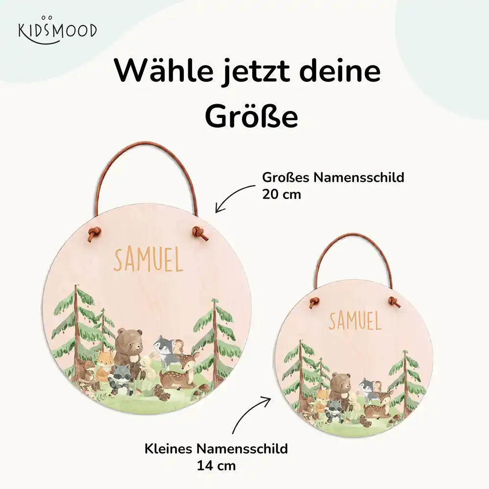 Türschild Kinderzimmer Waldtiere, mit fertig montiertem Lederband zum Aufhängen