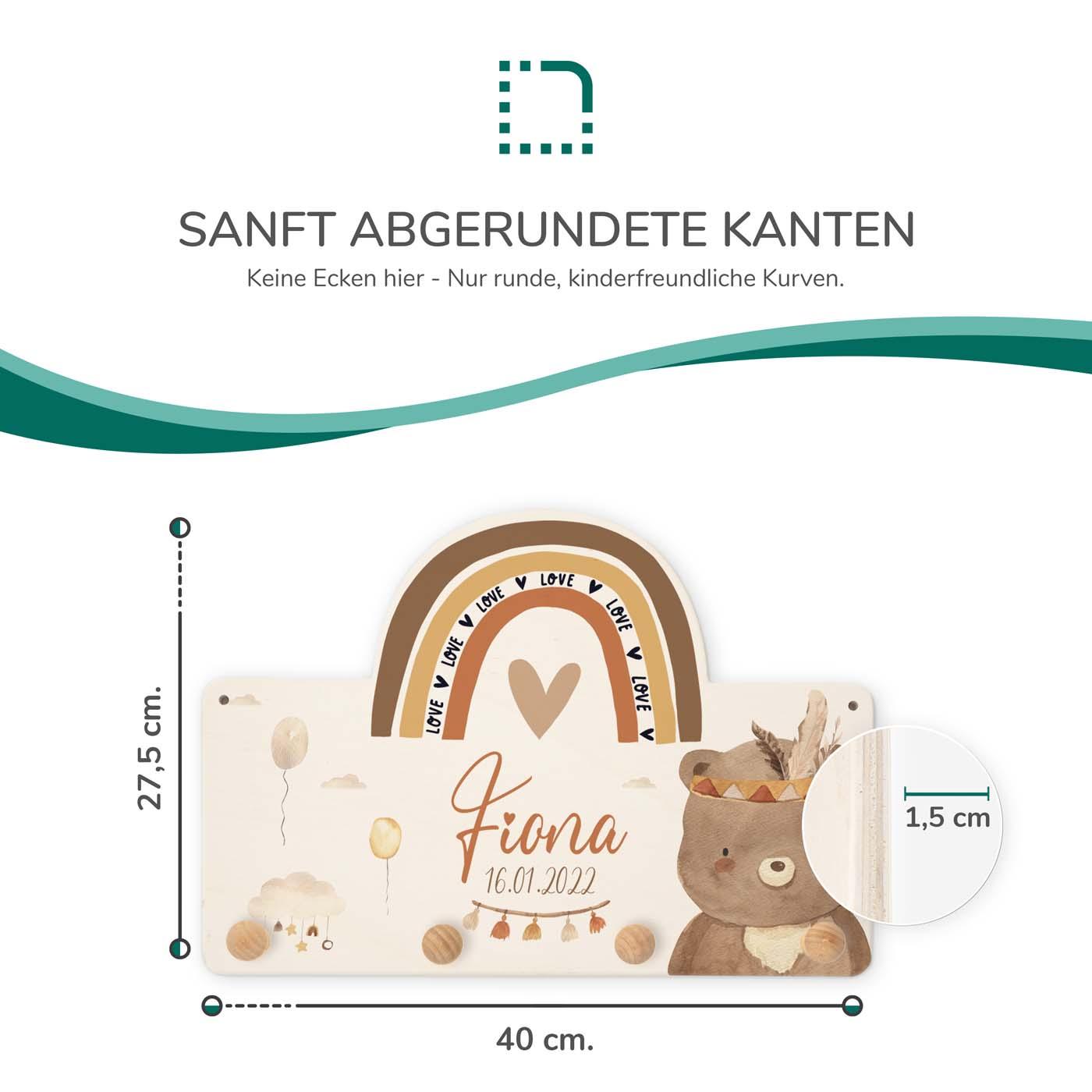 Handgefertigte Regenbogen-Garderobe aus Holz Bär