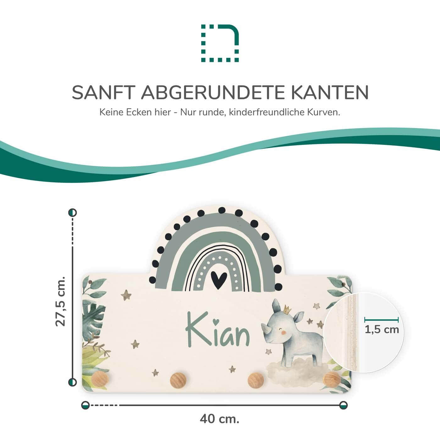 Handgefertigte Regenbogen-Garderobe aus Holz Nashorn