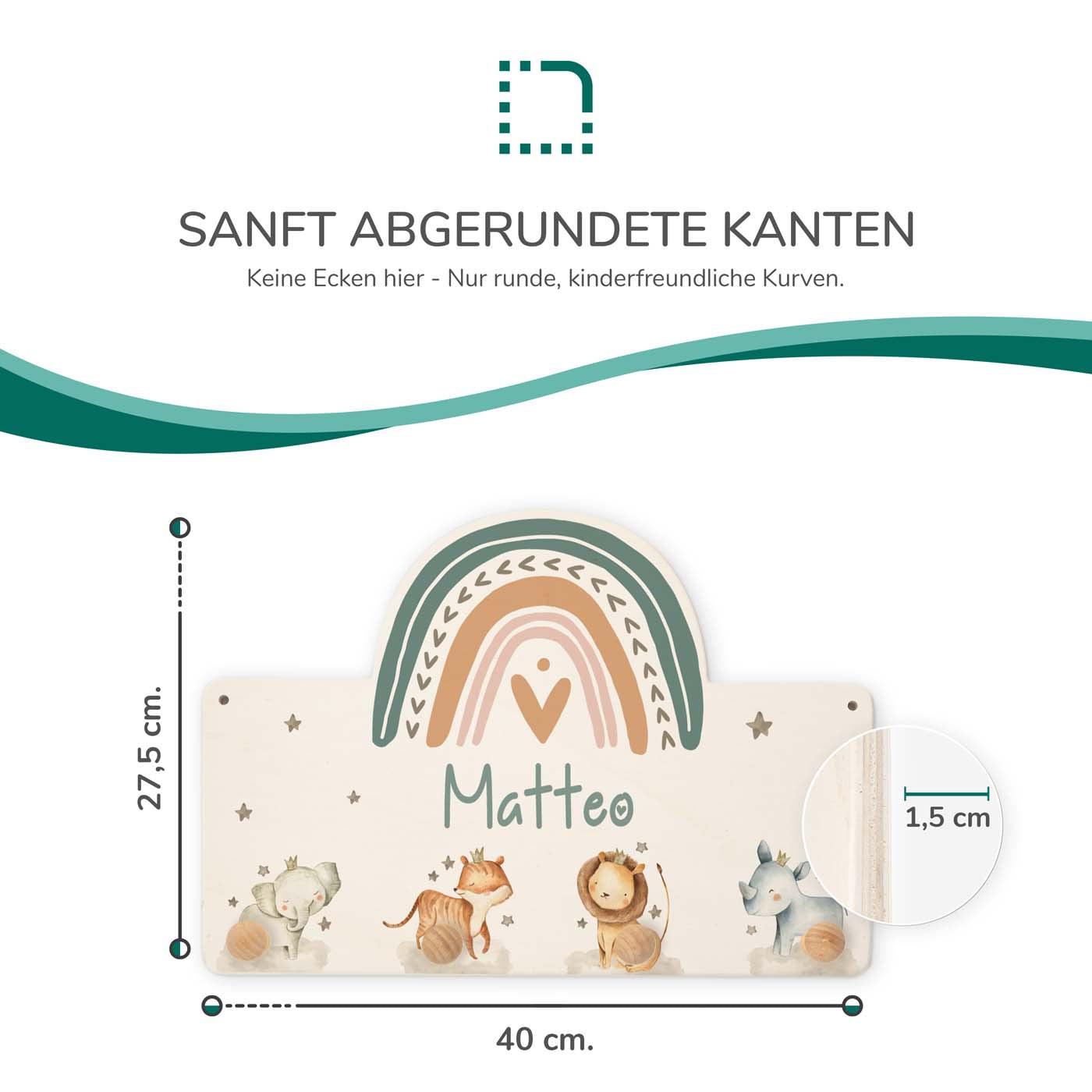 Handgefertigte Regenbogen-Garderobe aus Holz Tier Familie