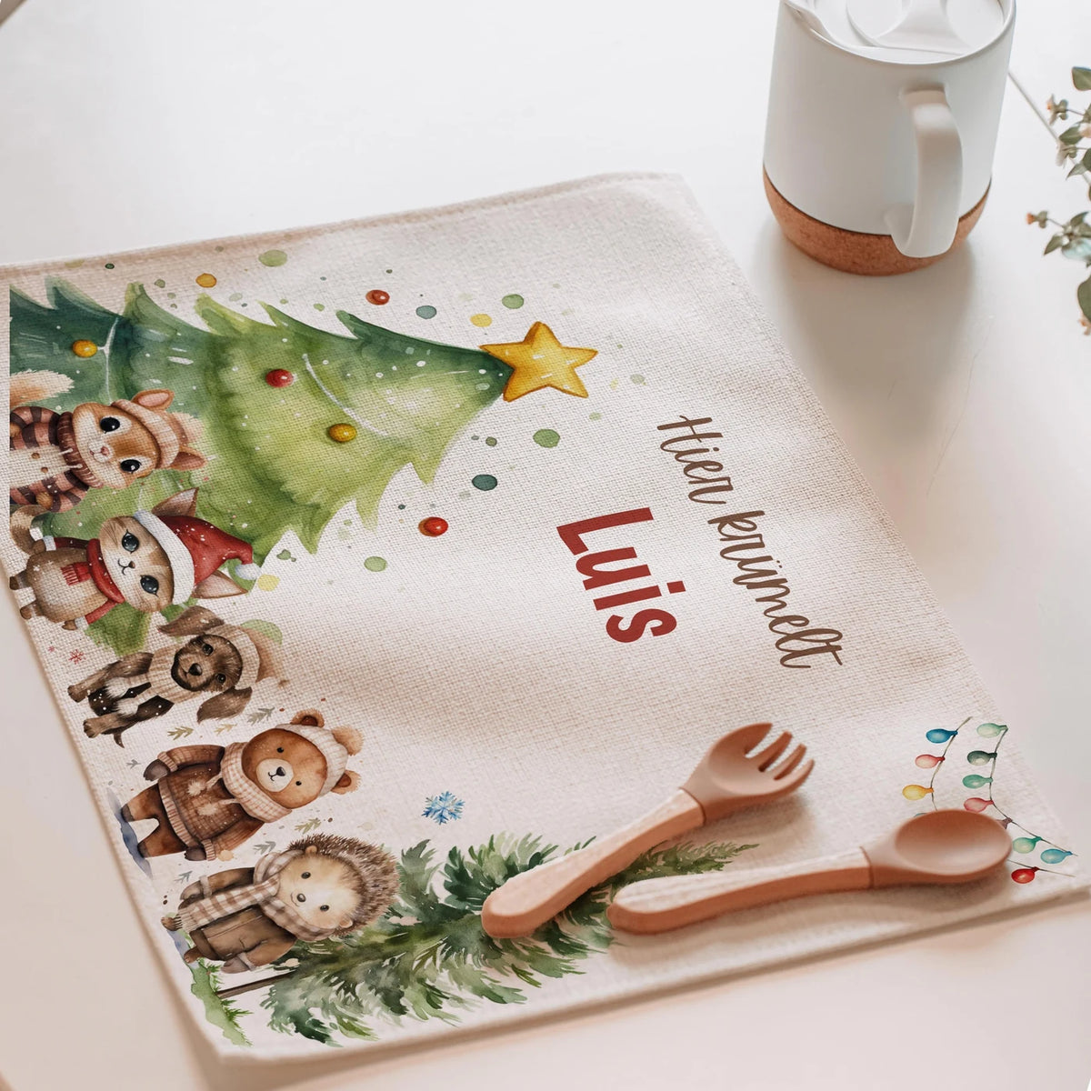 Tischset Kinder personalisiert Weihnachtsmotiv - Freundliche Waldbewohner