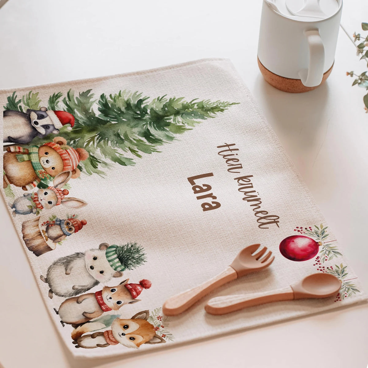 Tischset Kinder personalisiert Weihnachtsmotiv - GlĂĽckliche Tiergesellschaft