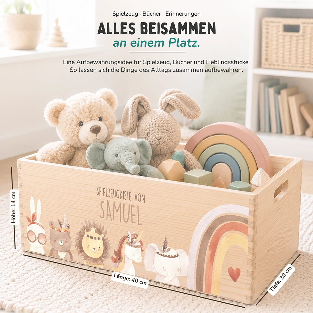 Spielzeugkiste personalisiert mit Namen - Boho Tiere