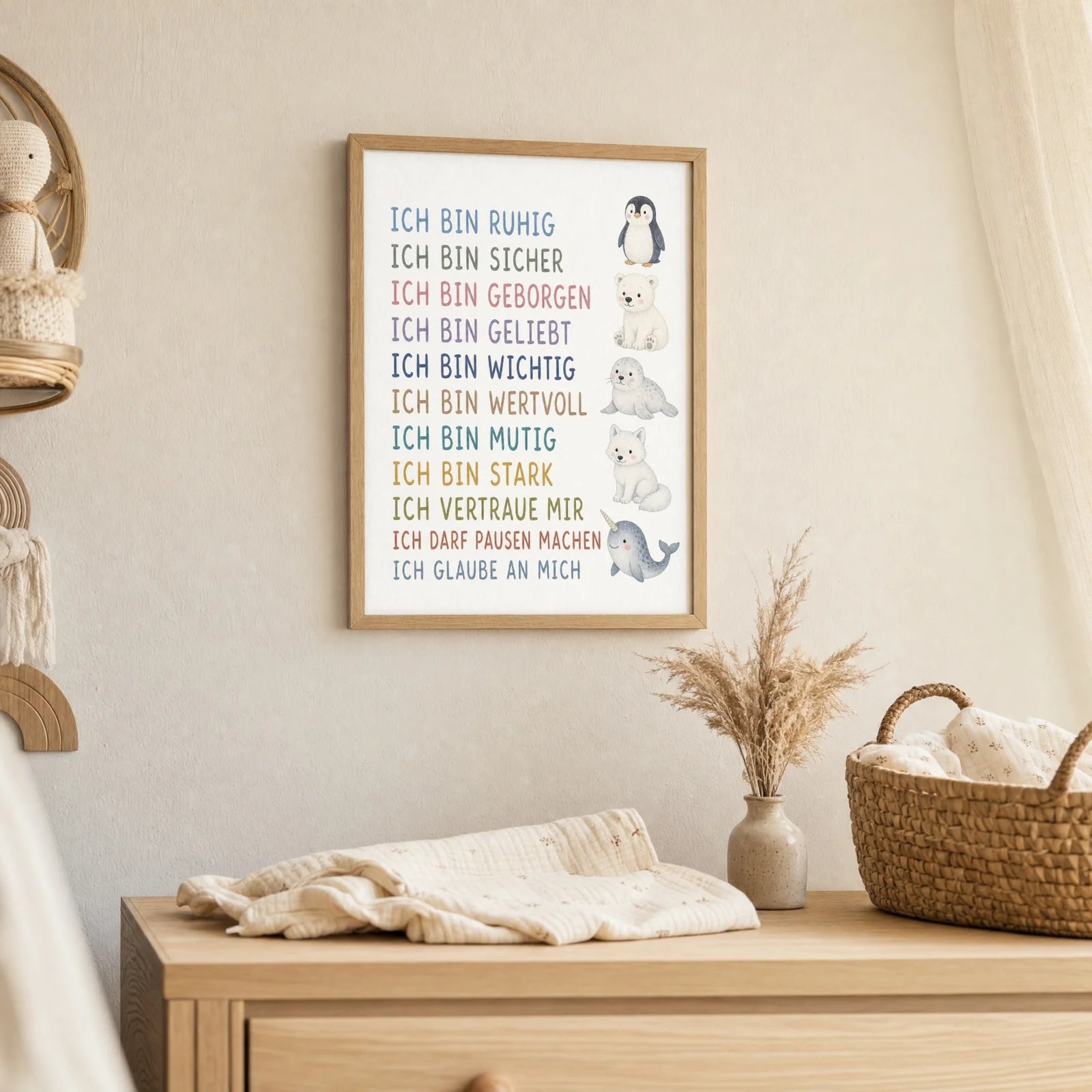 Affirmationsposter Kinderzimmer Arktistiere, als Deko mit Holzrahmen