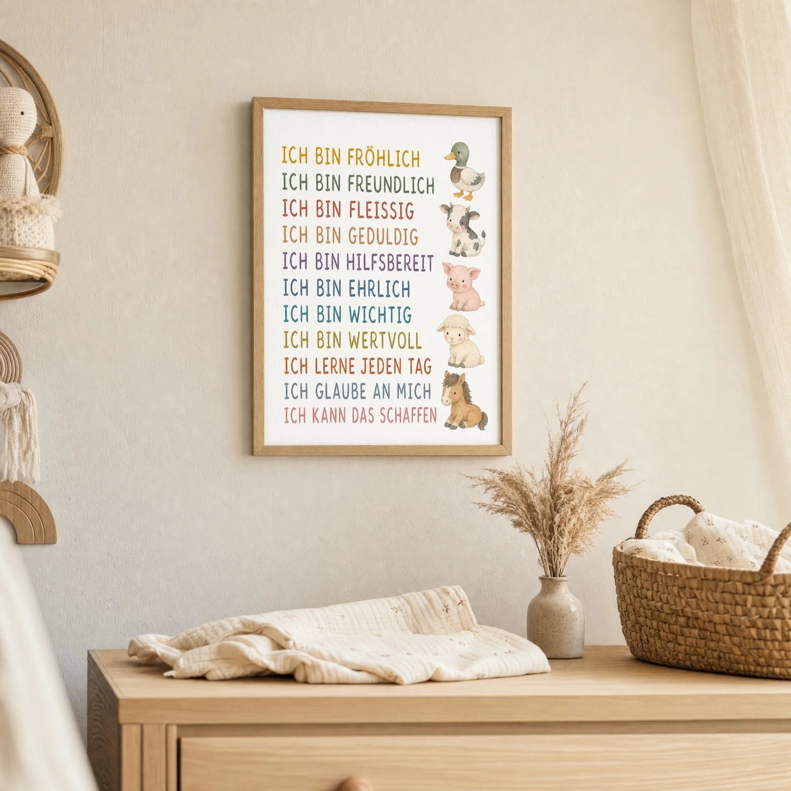Affirmationsposter Kinderzimmer Bauernhoftiere, als Deko mit Holzrahmen
