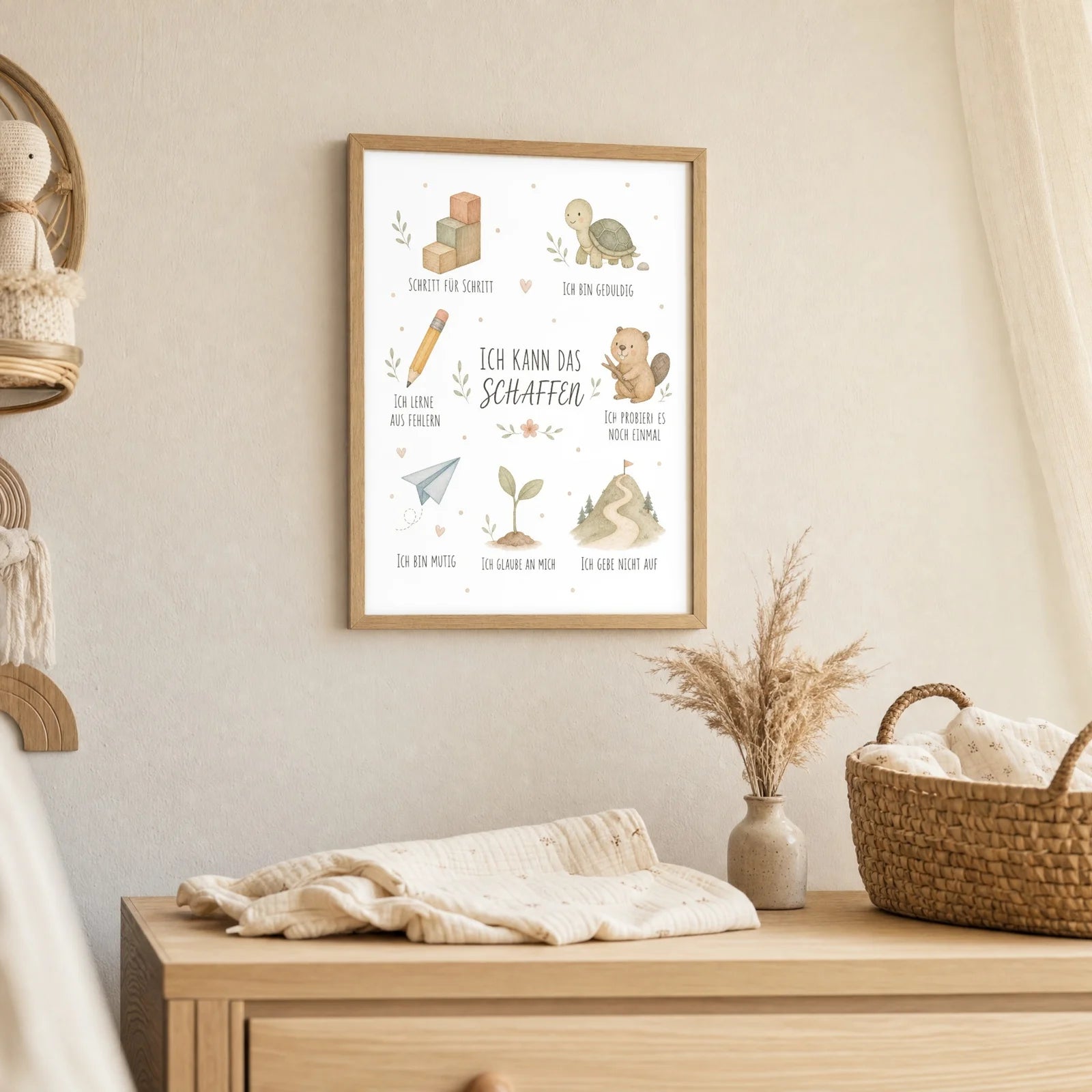 Affirmationsposter Kinderzimmer Collage Ich kann das schaffen, als Deko mit Holzrahmen