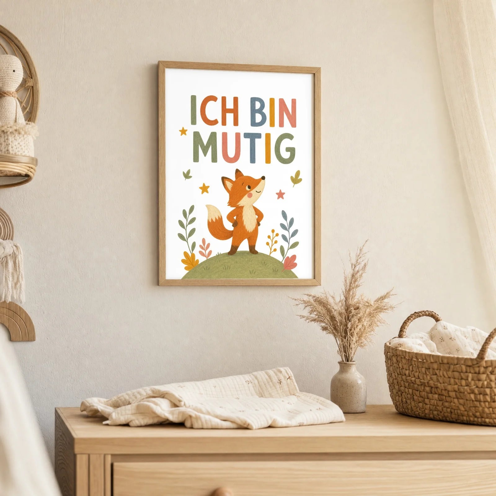 Affirmationsposter Kinderzimmer Fuchs Ich bin mutig, als Deko mit Holzrahmen