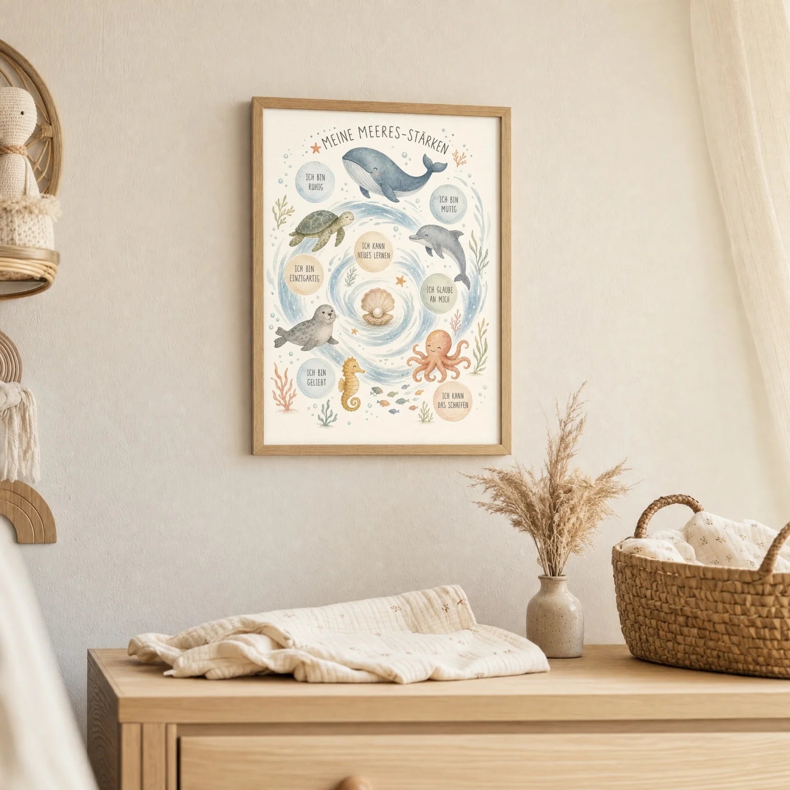 Affirmationsposter Kinderzimmer Meeres-StÀrken, als Deko mit Holzrahmen