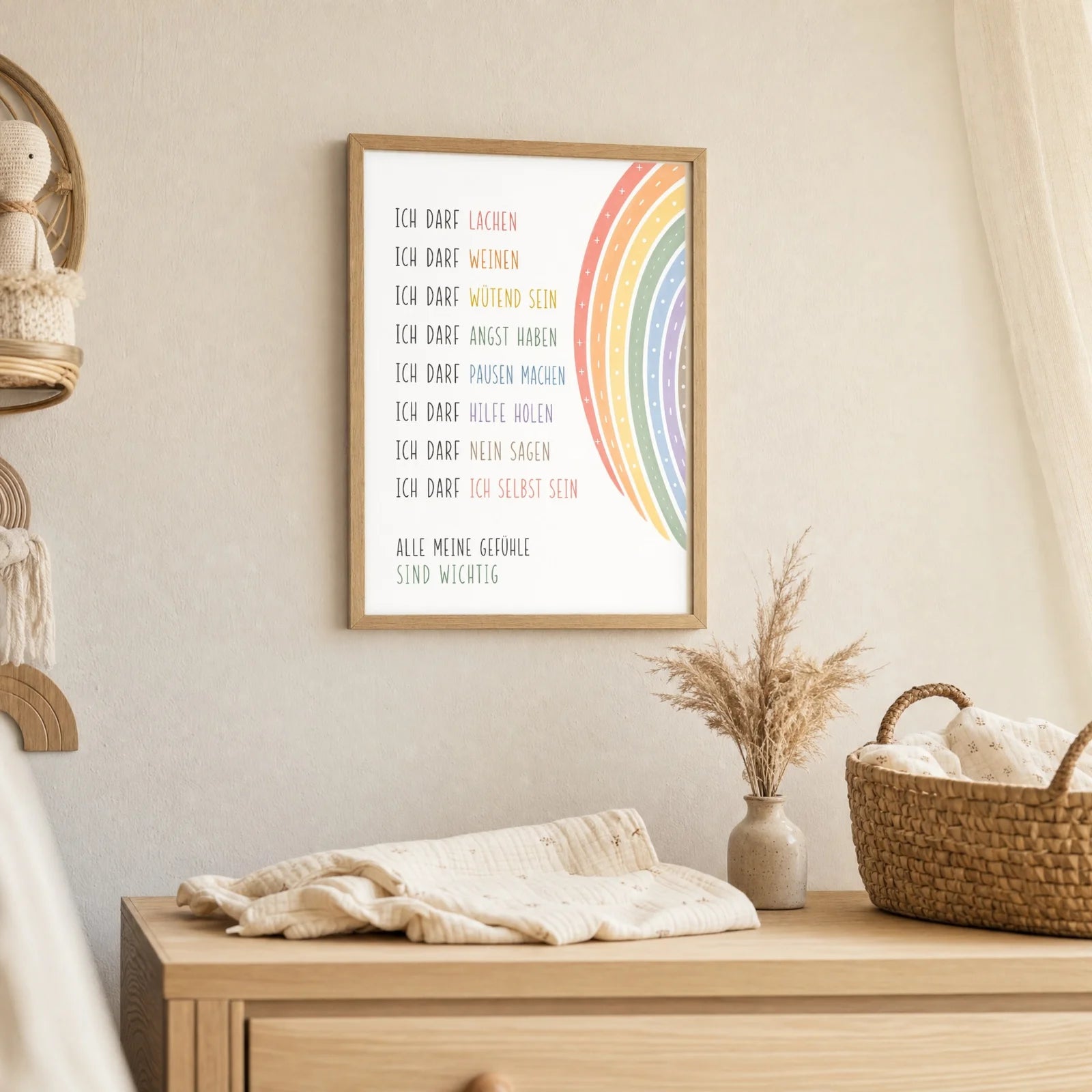 Affirmationsposter Kinderzimmer Minimal Ich darf, als Deko mit Holzrahmen