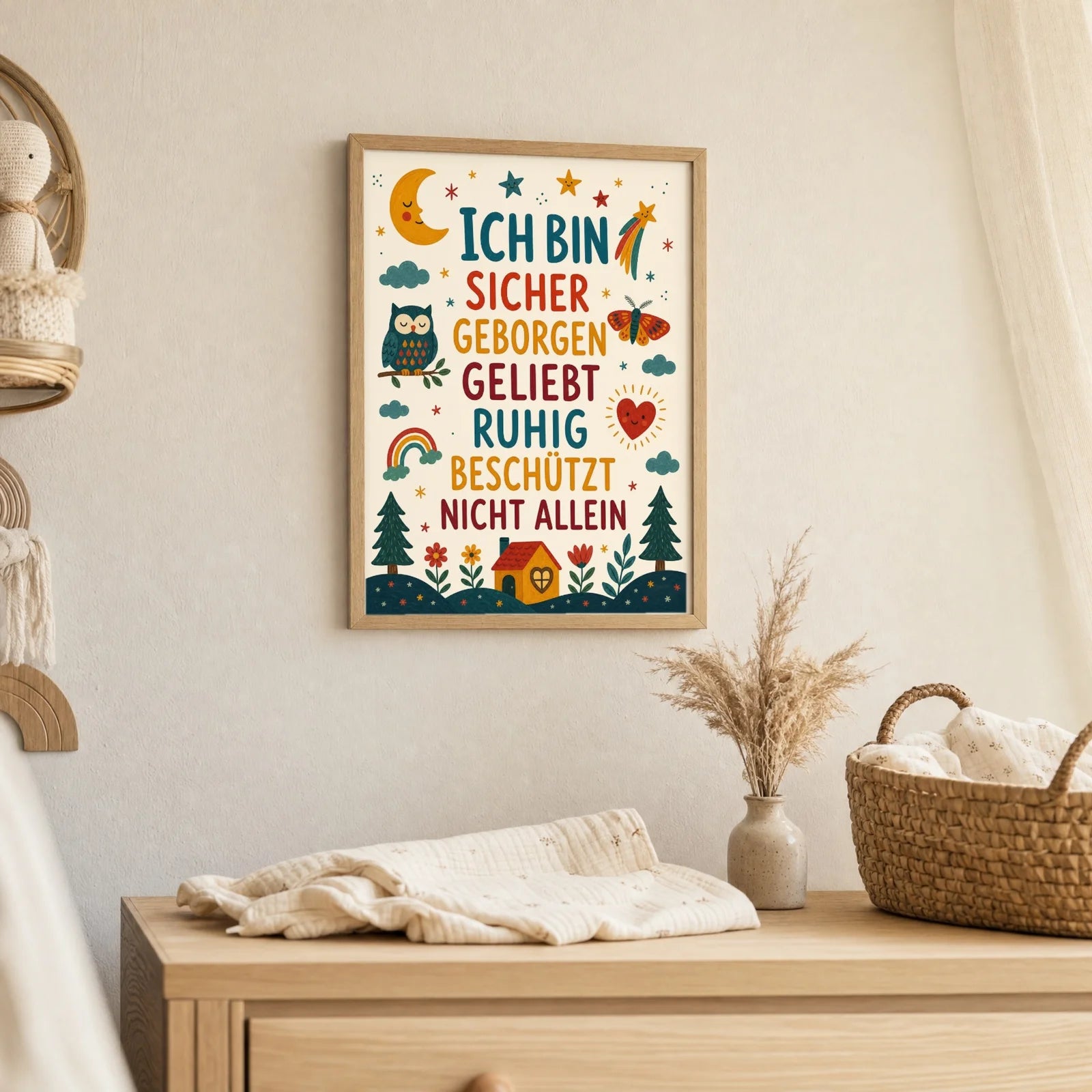 Affirmationsposter Kinderzimmer Nachthimmel Ich bin sicher, als Deko mit Holzrahmen