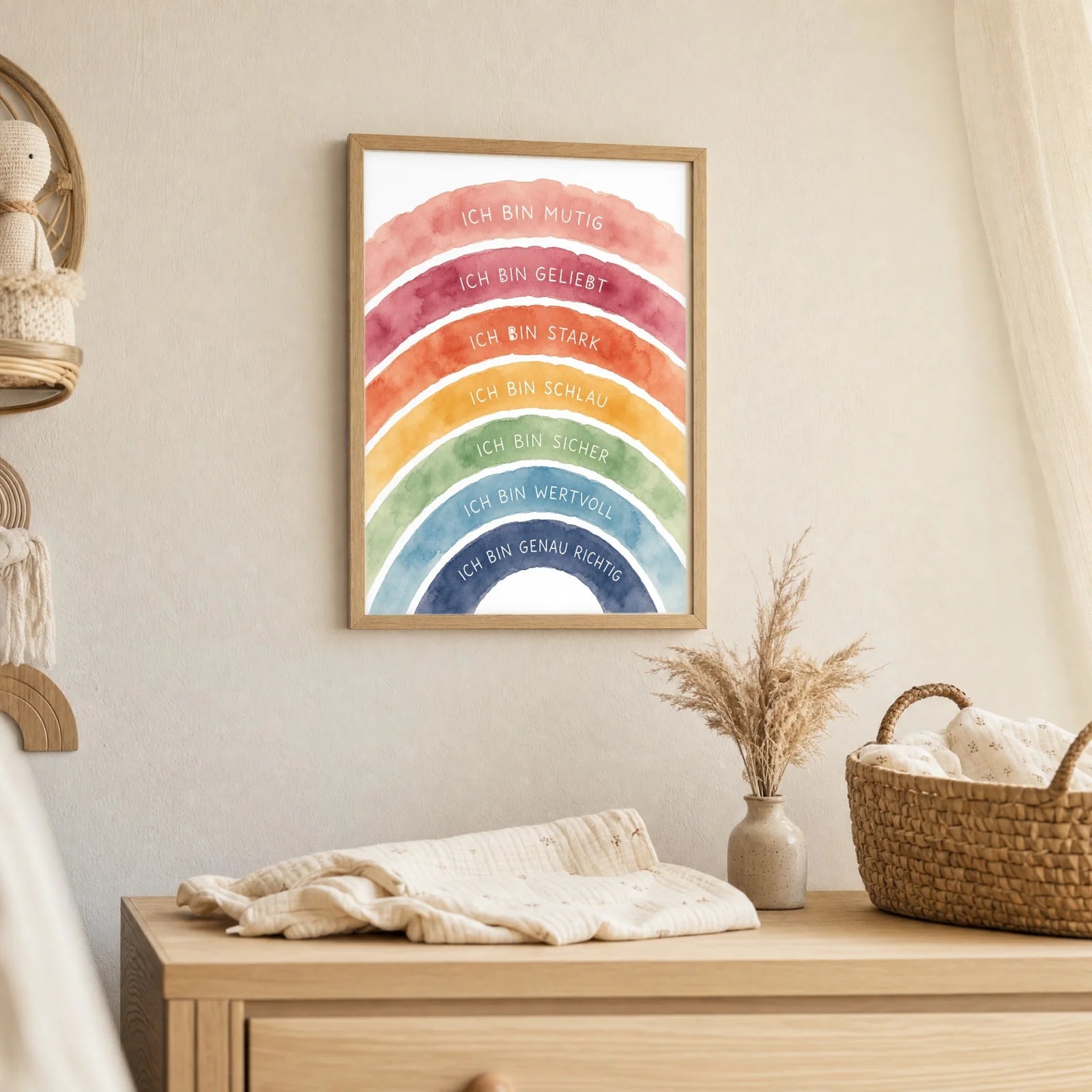 Affirmationsposter Kinderzimmer Regenbogen Ich bin bunt, als Deko mit Holzrahmen