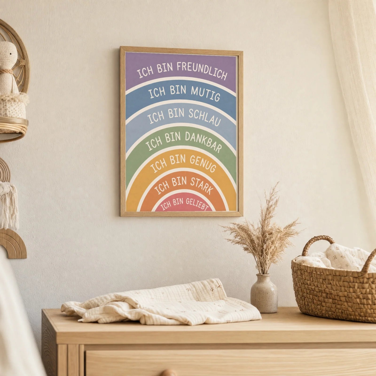 Affirmationsposter Kinderzimmer Regenbogen Ich bin freundlich, als Deko mit Holzrahmen
