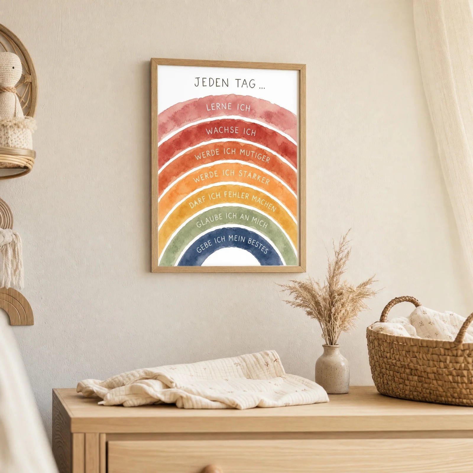 Affirmationsposter Kinderzimmer Regenbogen Jeden Tag, als Deko mit Holzrahmen