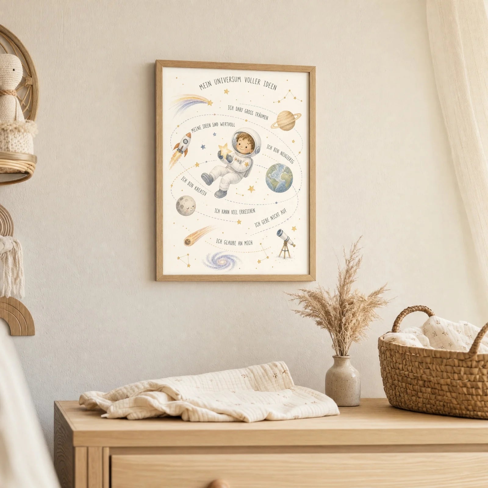 Affirmationsposter Kinderzimmer Universum voller Ideen, als Deko mit Holzrahmen