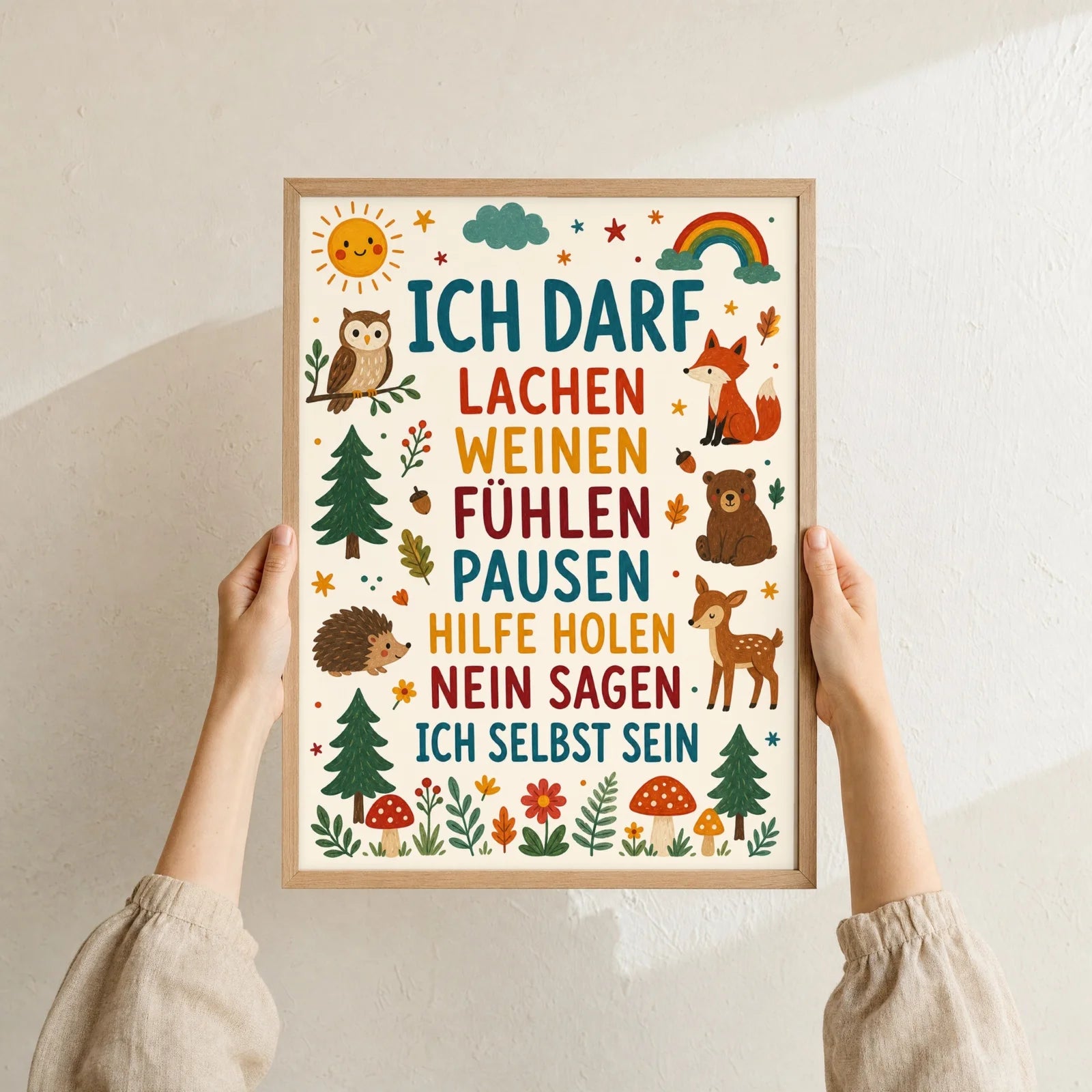 Affirmationsposter Kinderzimmer Wald Ich darf lachen, als Deko mit Holzrahmen
