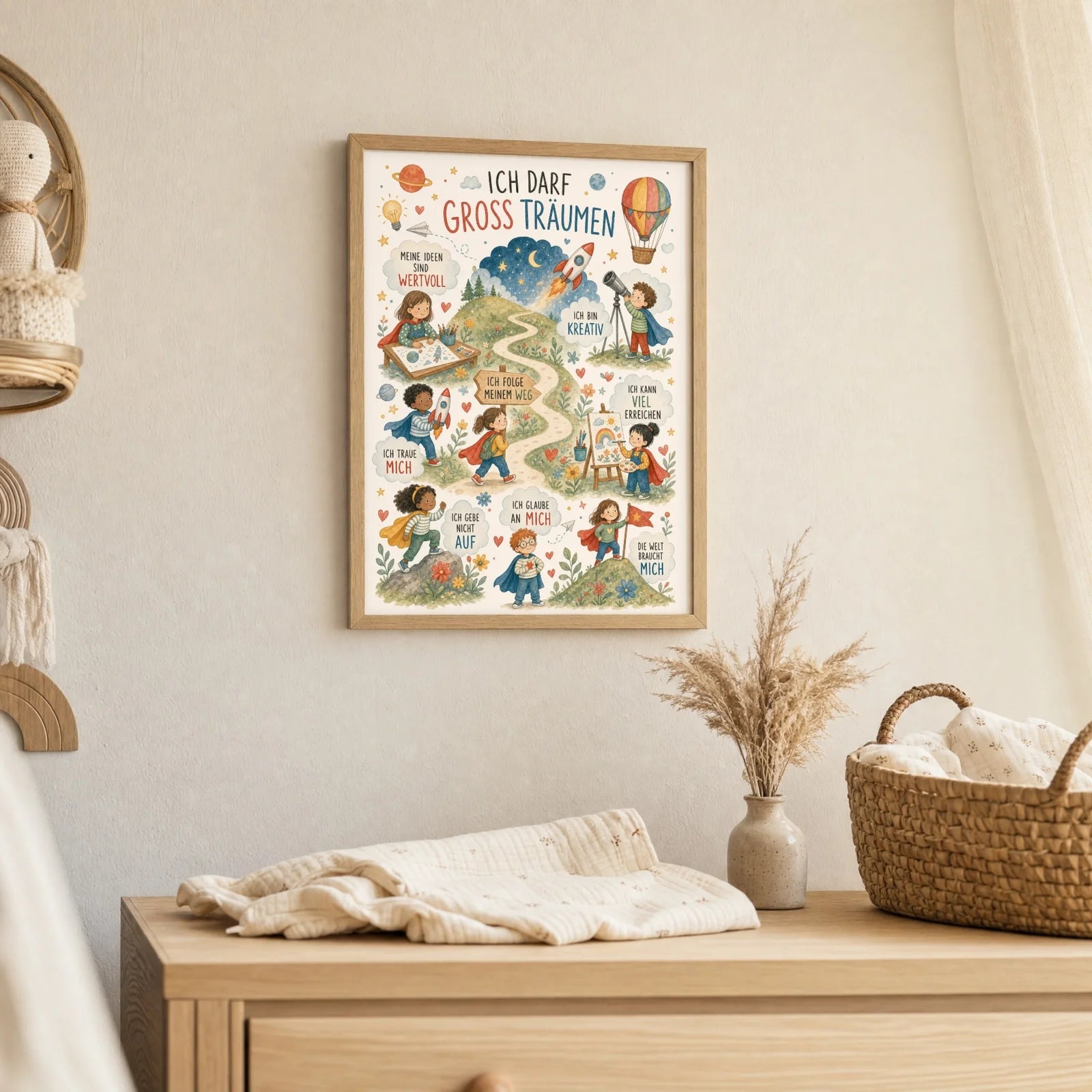 Affirmationsposter Kinderzimmer Wimmelbild Groß träumen, als Deko mit Holzrahmen