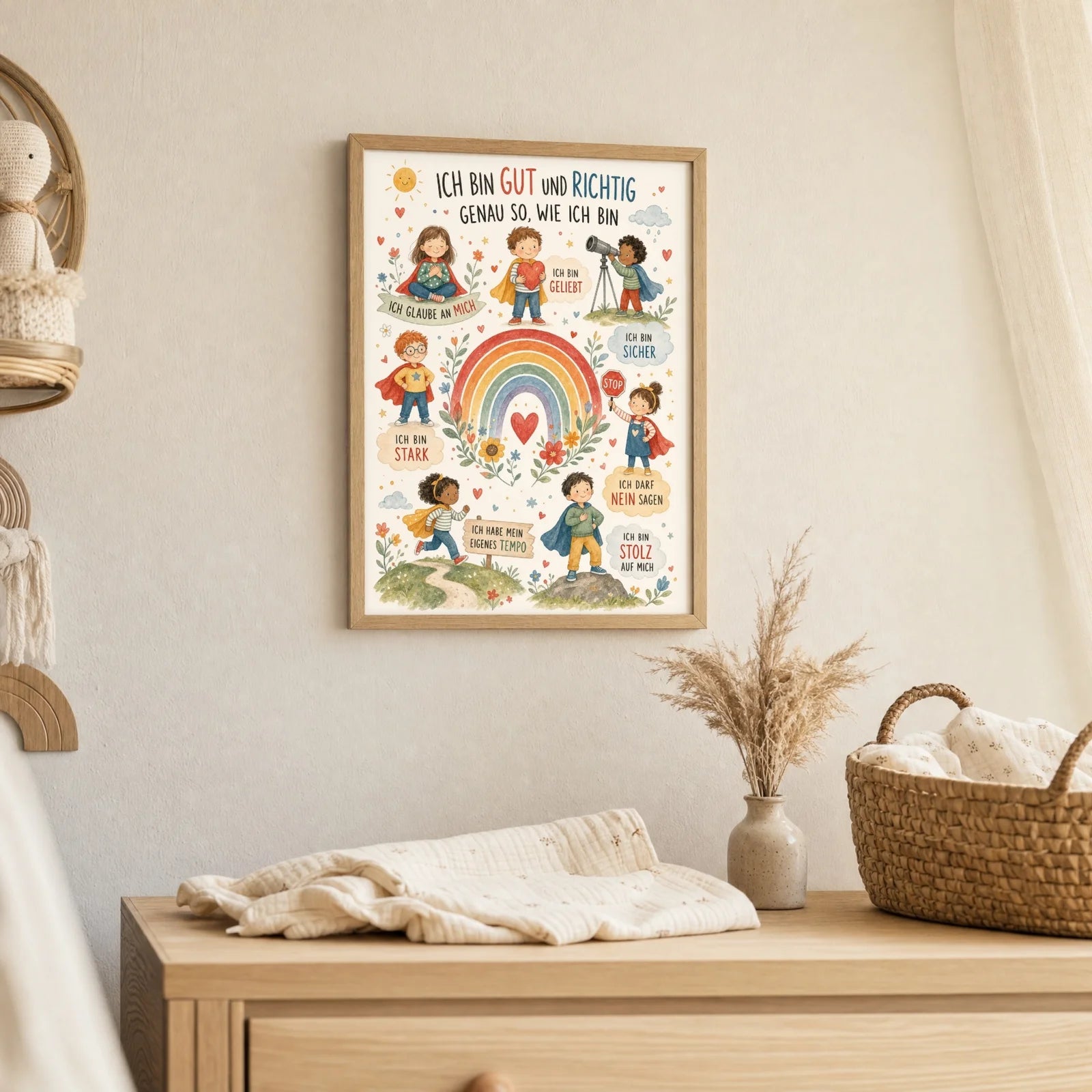Affirmationsposter Kinderzimmer Wimmelbild Ich bin gut und richtig, als Deko mit Holzrahmen