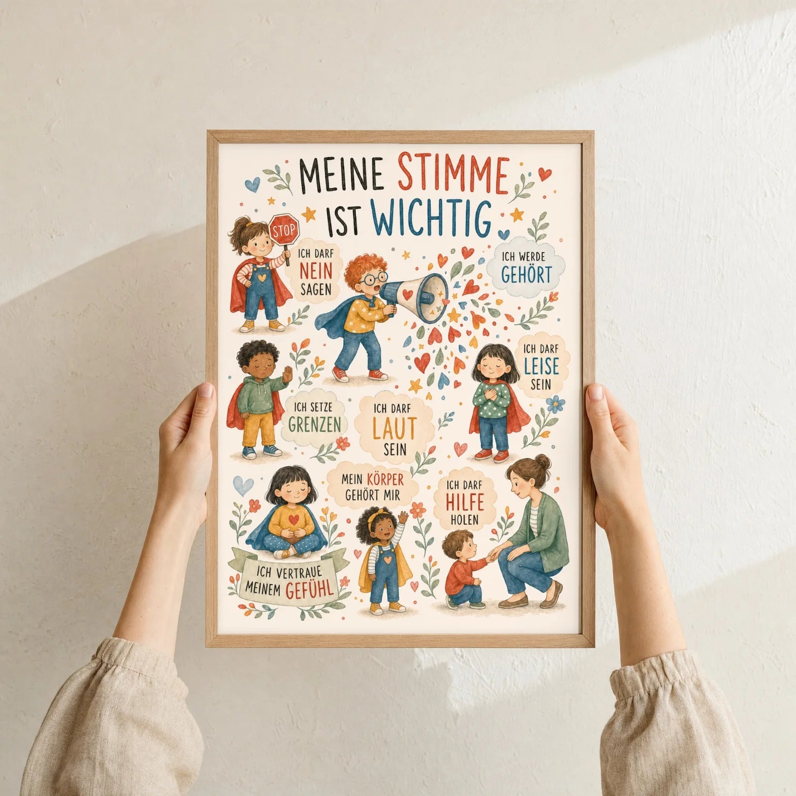 Affirmationsposter Kinderzimmer Wimmelbild Meine Stimme, als Deko mit Holzrahmen