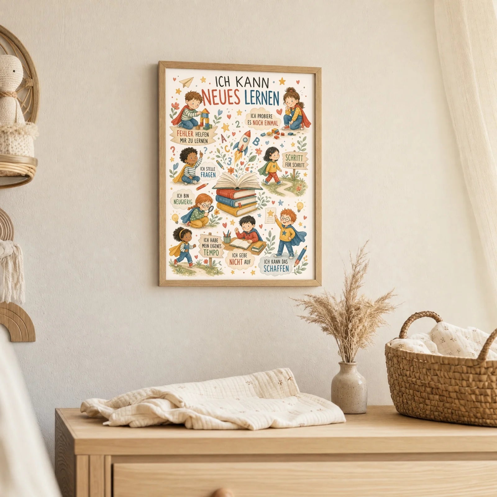 Affirmationsposter Kinderzimmer Wimmelbild Neues lernen, als Deko mit Holzrahmen