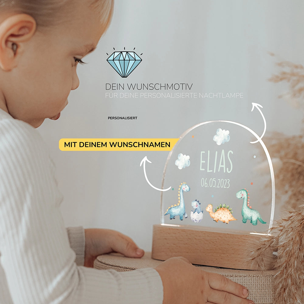 Kleinkind mit Nachtlicht Dino mit Wunschnamen – Babygeschenk personalisiert
