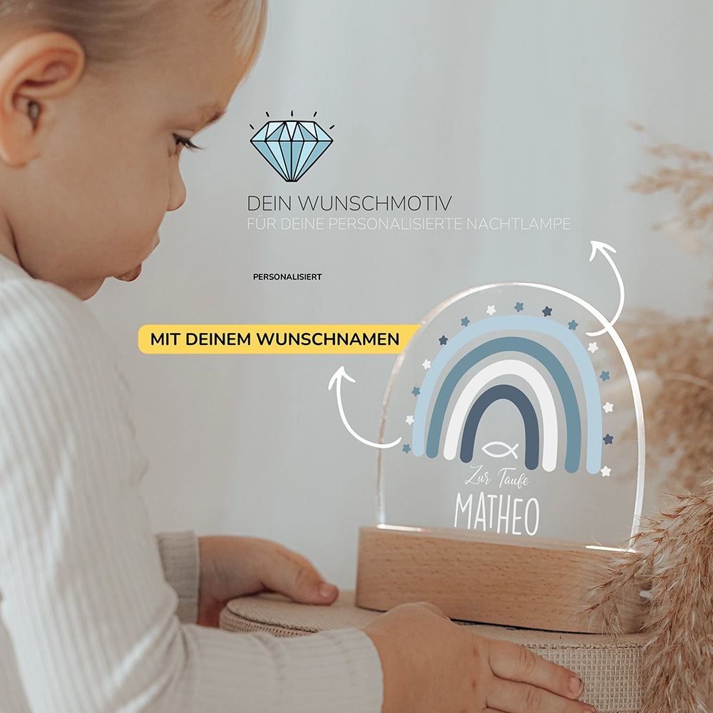 Kleinkind mit Nachtlicht Regenbogen mit Wunschnamen – Babygeschenk personalisiert