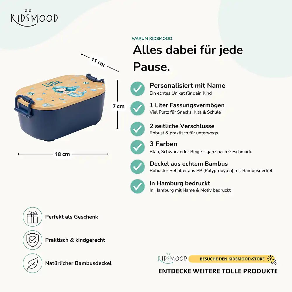 Brotdose Kinder personalisiert Meerjungfrau, Bambusdeckel mit Wunschname Detail