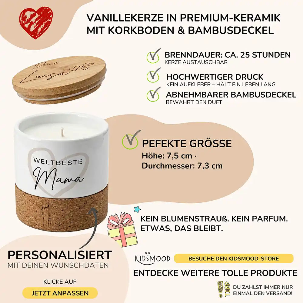 Duftkerze Vanille Keramik Weltbeste Mama Herz â brennend am gemĂŒtlichen Abend