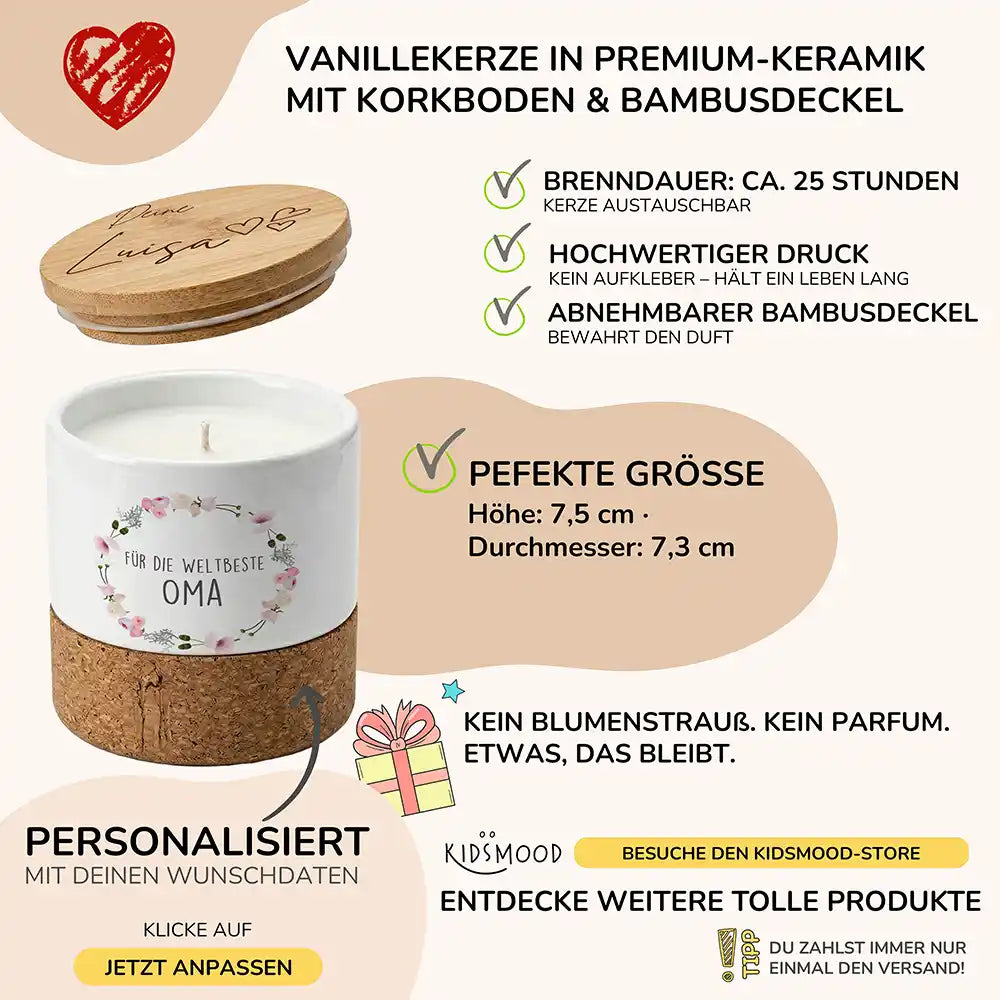 Duftkerze Vanille Keramik Oma Blumenkranz â brennend am gemĂŒtlichen Abend