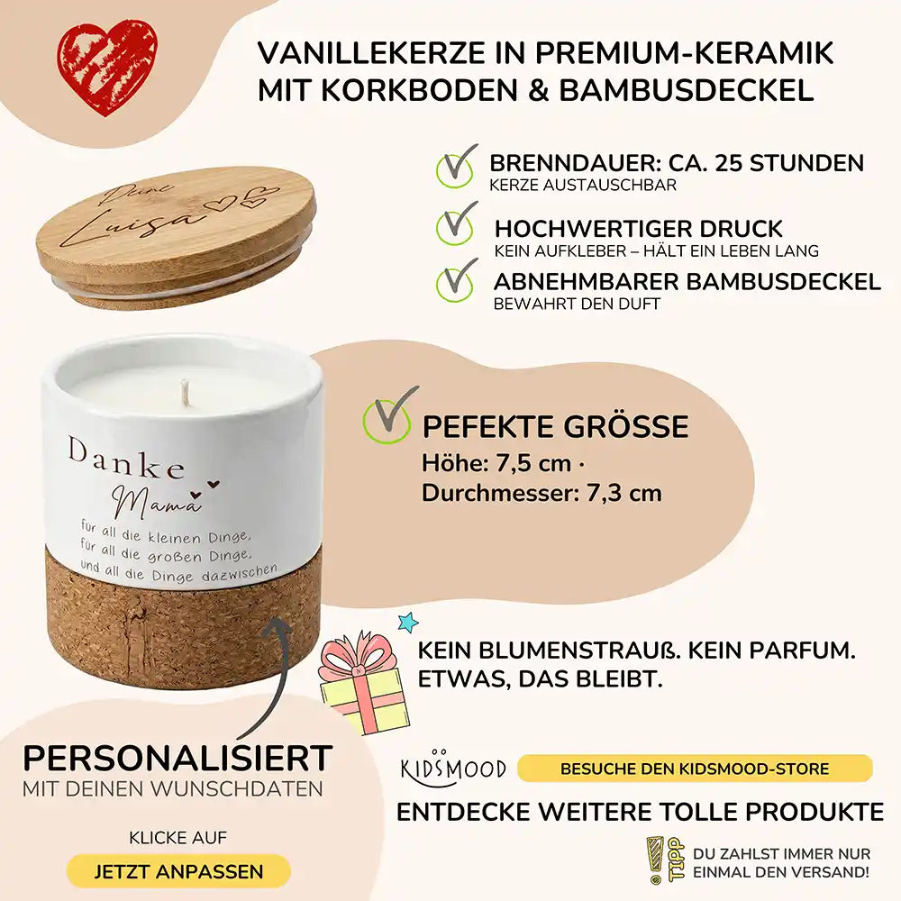 Duftkerze Vanille Keramik Danke Mama Herzen â brennend am gemĂŒtlichen Abend