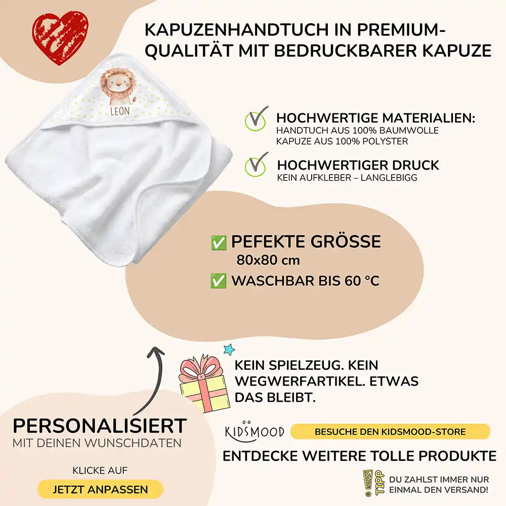 Personalisiertes Kapuzenhandtuch Baby Löwe Sterne â Boho-Flatlay mit Palmblatt-Akzent
