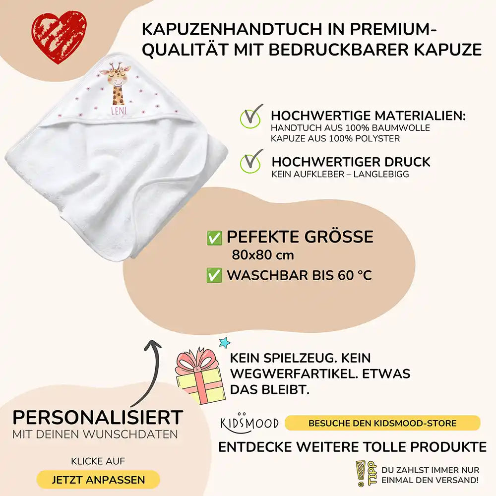 Personalisiertes Kapuzenhandtuch Baby Giraffe BlĂŒten â Boho-Flatlay mit Palmblatt-Akzent