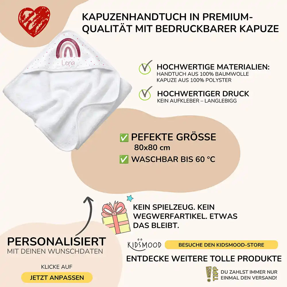Personalisiertes Kapuzenhandtuch Baby Boho-Regenbogen â Boho-Flatlay mit Palmblatt-Akzent