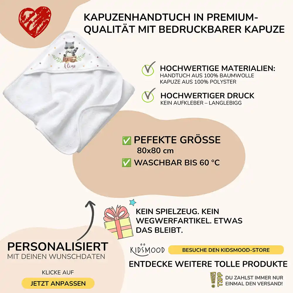 Personalisiertes Kapuzenhandtuch Baby WaschbĂ€r Wald â Boho-Flatlay mit Palmblatt-Akzent