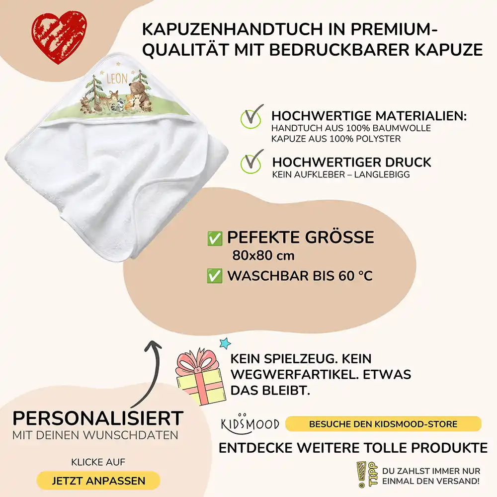 Personalisiertes Kapuzenhandtuch Baby Waldfest â Boho-Flatlay mit Palmblatt-Akzent