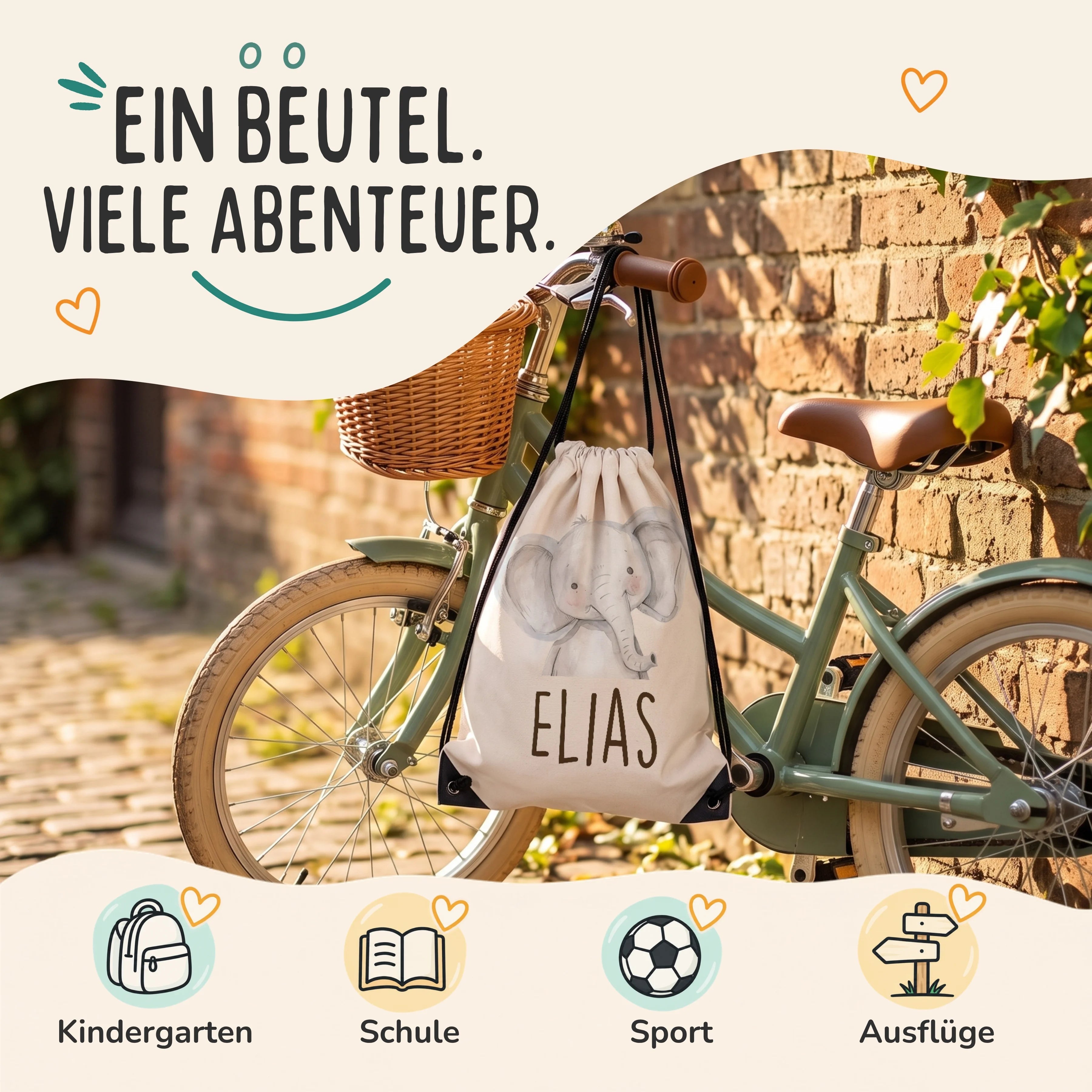 Personalisierter Turnbeutel Baby Elefant, Sportbeutel für Kindergarten, Schule, Sport und Ausflüge