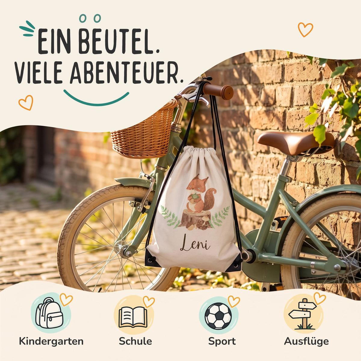 Personalisierter Turnbeutel Eichhörnchen, Sportbeutel für Kindergarten, Schule, Sport und Ausflüge