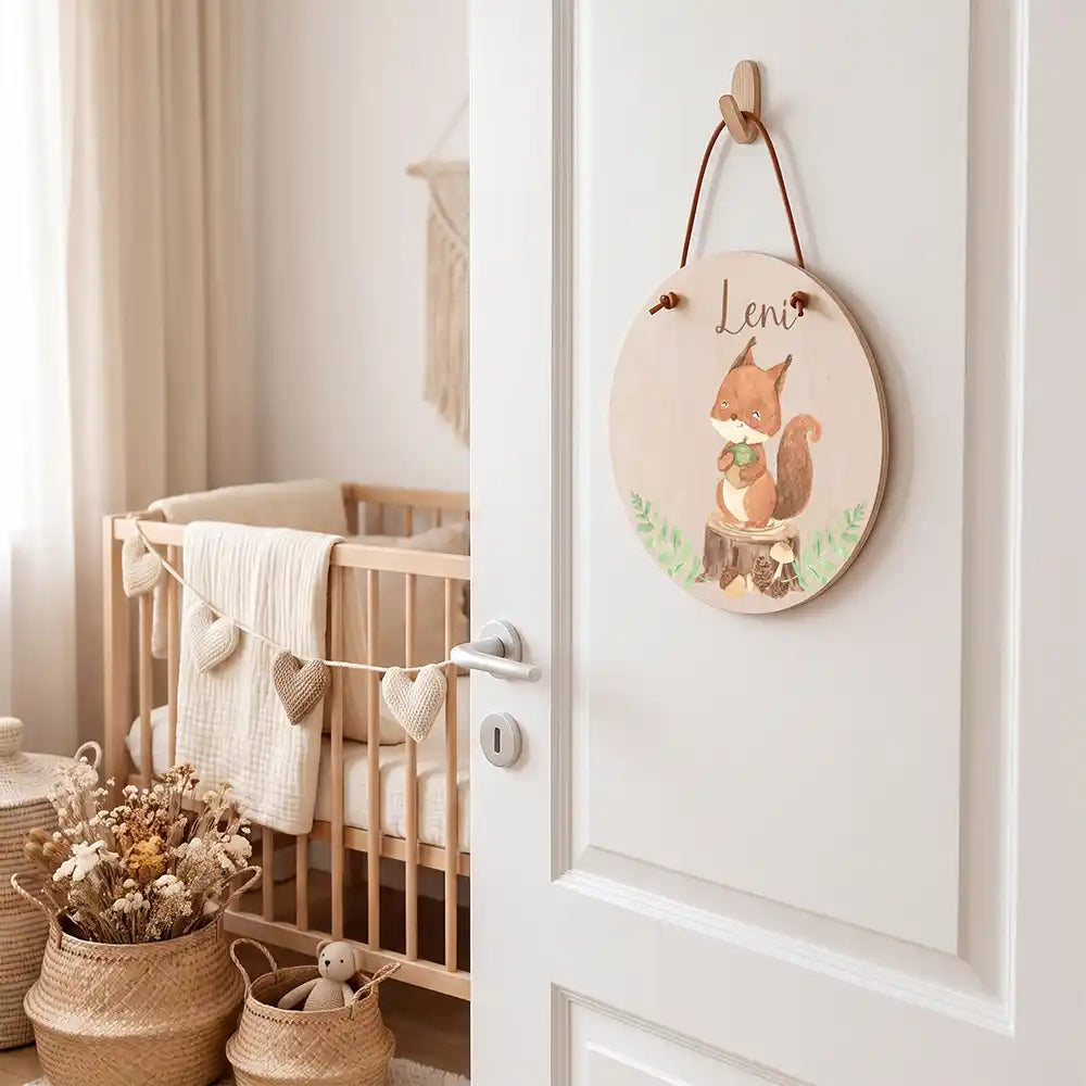 Türschild Kinderzimmer Eichhörnchen im Wald, aufgehängt an der Kinderzimmertür