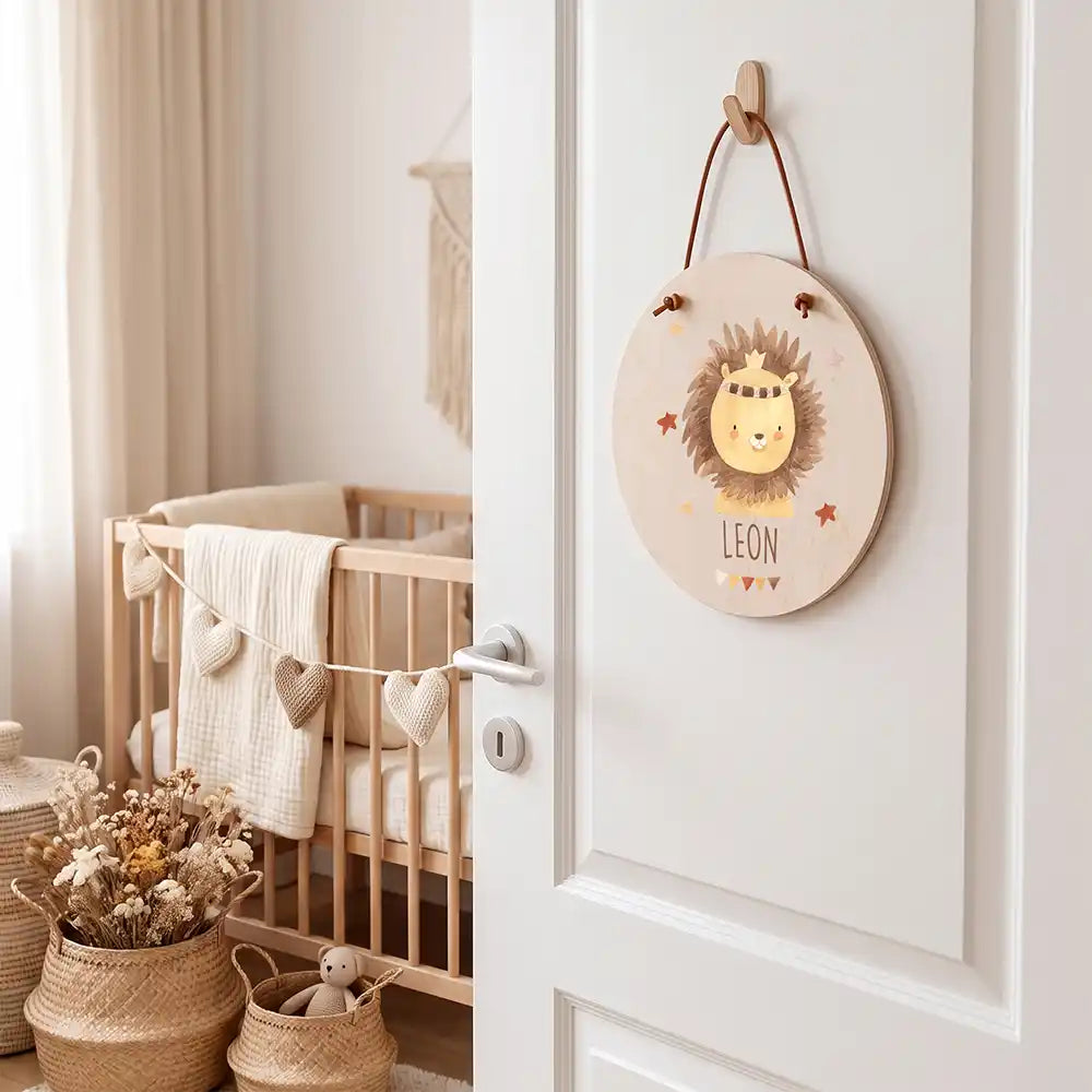 Türschild Kinderzimmer Löwe mit Krone, aufgehängt an der Kinderzimmertür