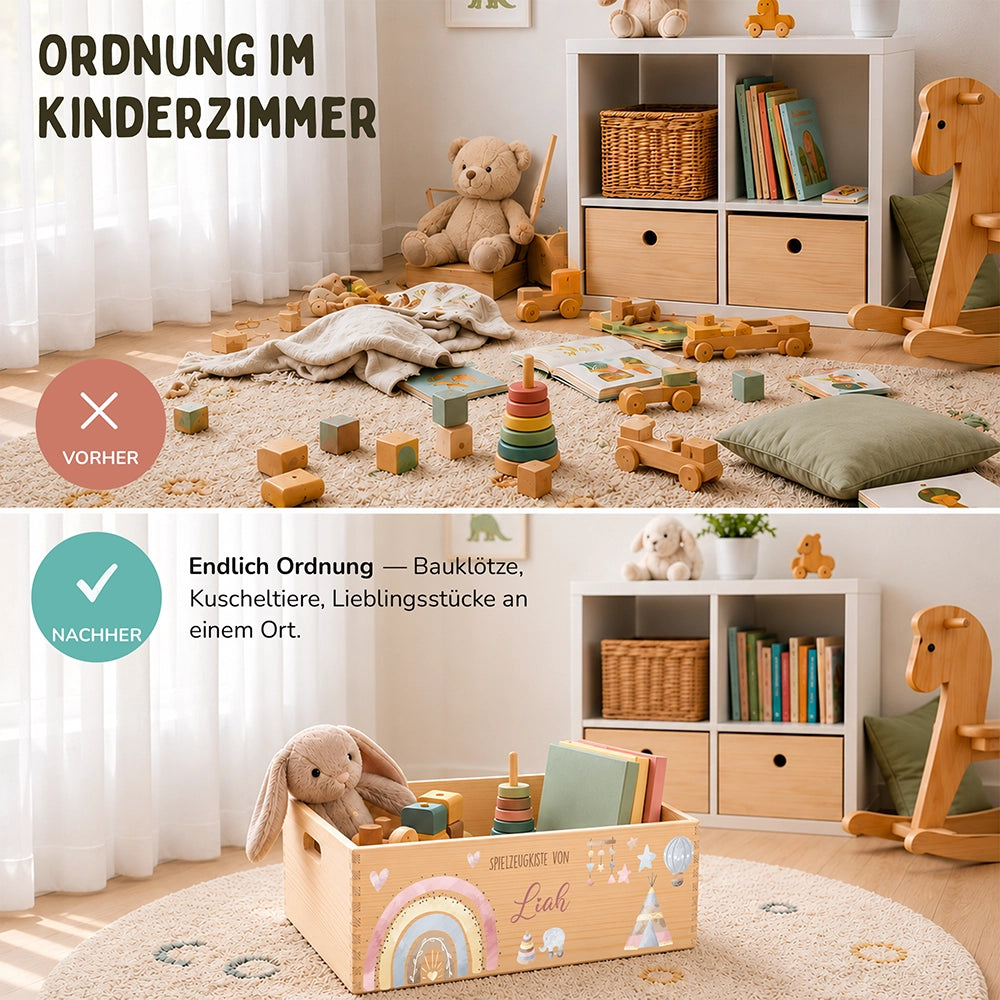 Spielzeugkiste personalisiert mit Namen - Baby Reh mit Regenbogen