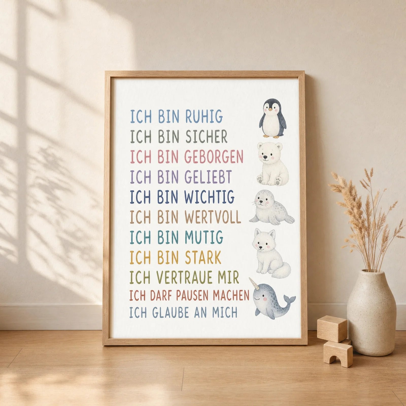 Affirmationsposter Kinderzimmer Arktistiere, gerahmt im Format 30 x 40 cm