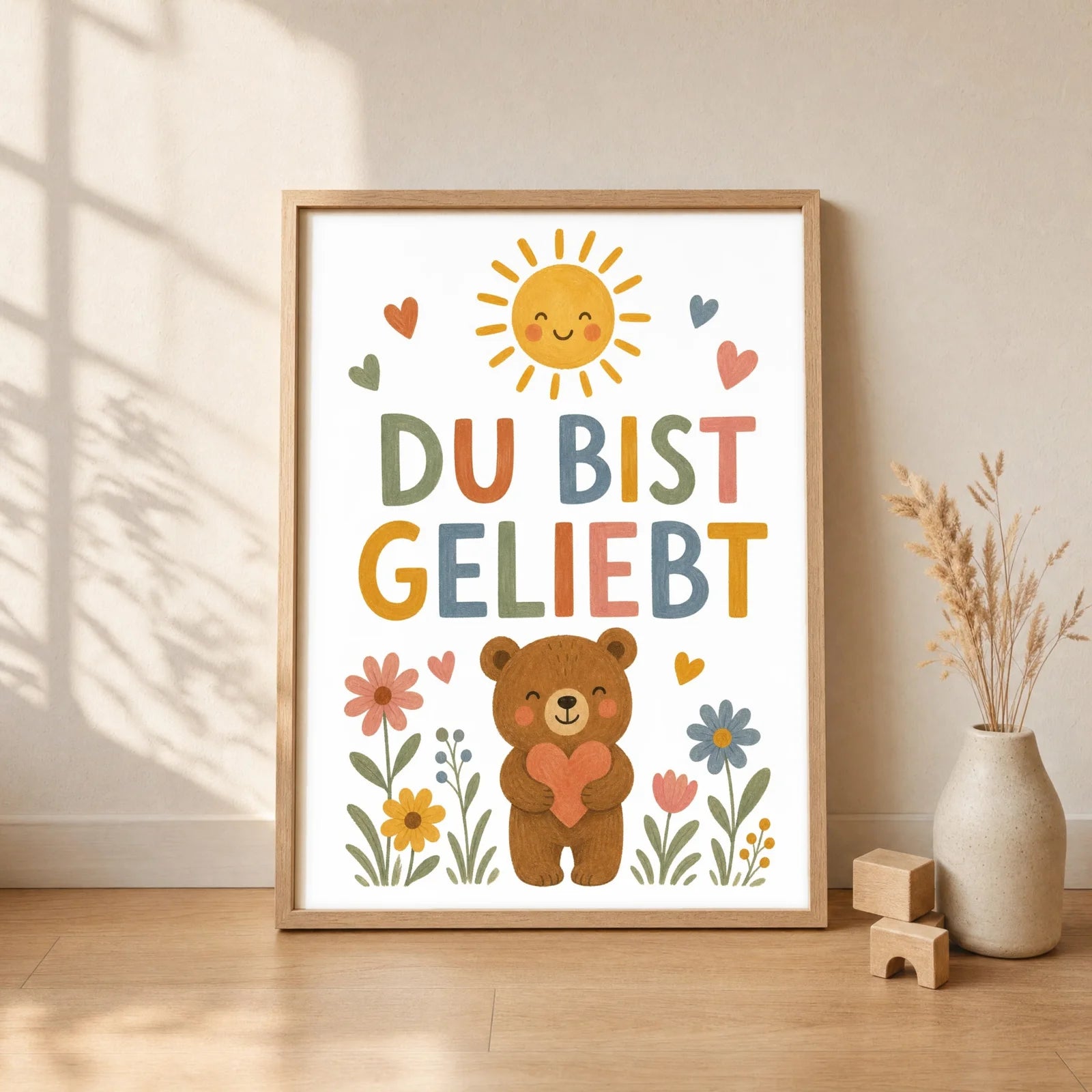 Affirmationsposter Kinderzimmer BĂ€r Du bist geliebt, gerahmt im Format 30 x 40 cm