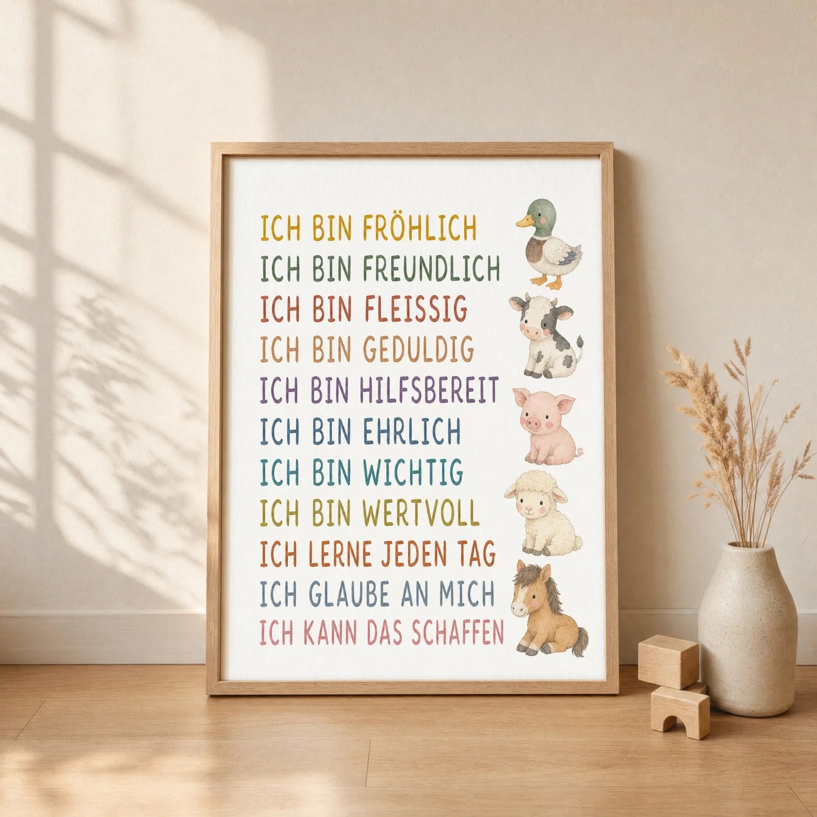 Affirmationsposter Kinderzimmer Bauernhoftiere, gerahmt im Format 30 x 40 cm