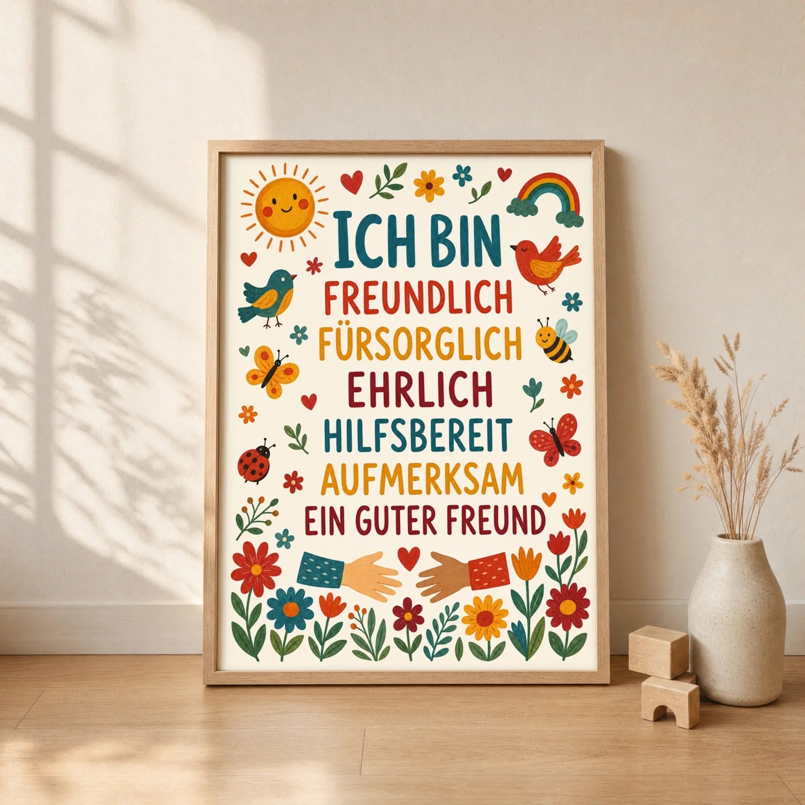 Affirmationsposter Kinderzimmer Blumen Ich bin freundlich, gerahmt im Format 30 x 40 cm