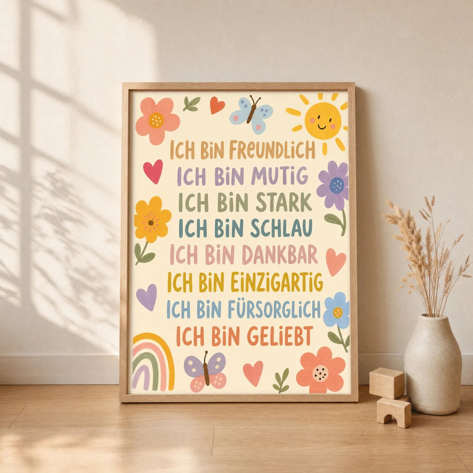 Affirmationsposter Kinderzimmer Blumenwiese Ich bin freundlich, gerahmt im Format 30 x 40 cm