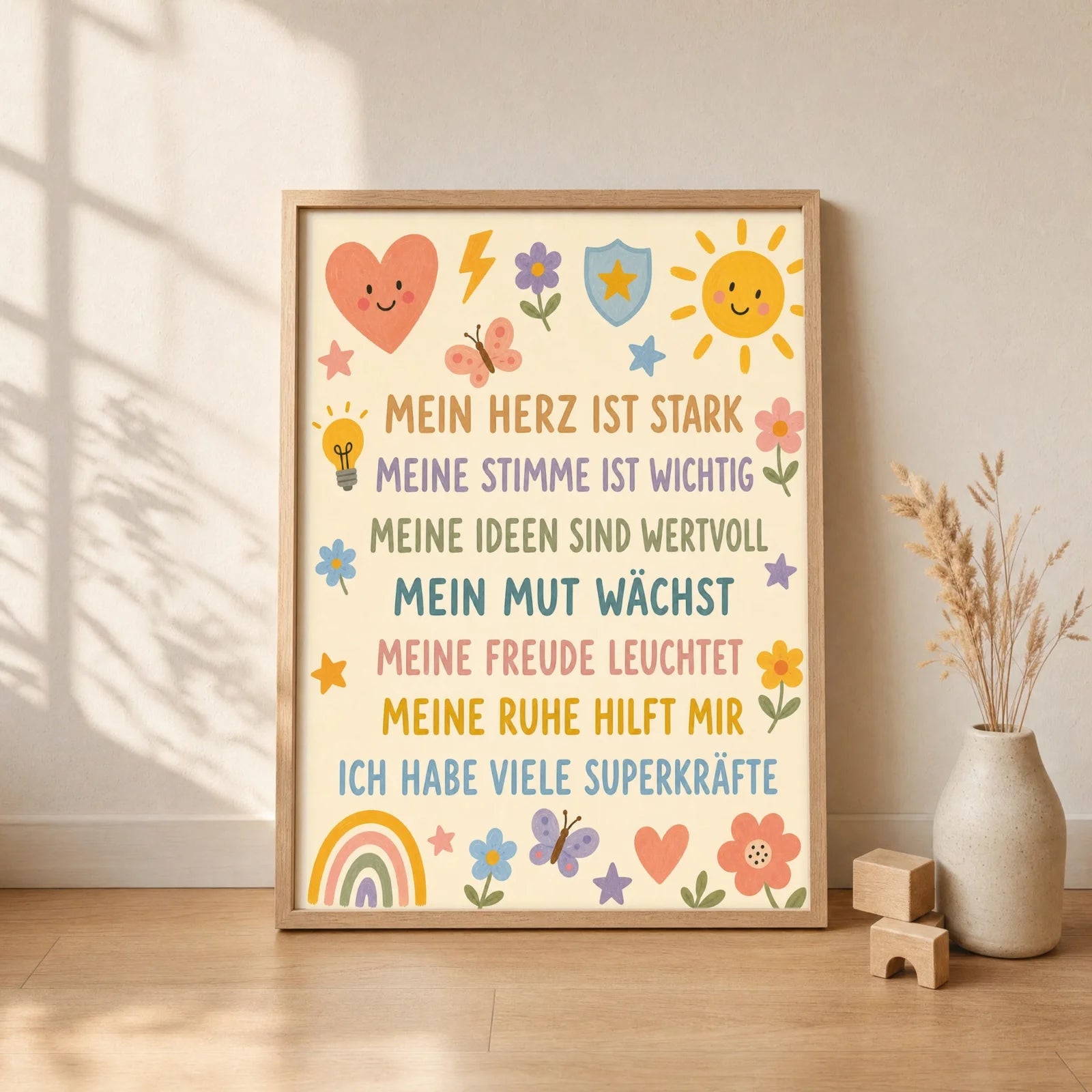 Affirmationsposter Kinderzimmer Blumenwiese SuperkrÀfte, gerahmt im Format 30 x 40 cm
