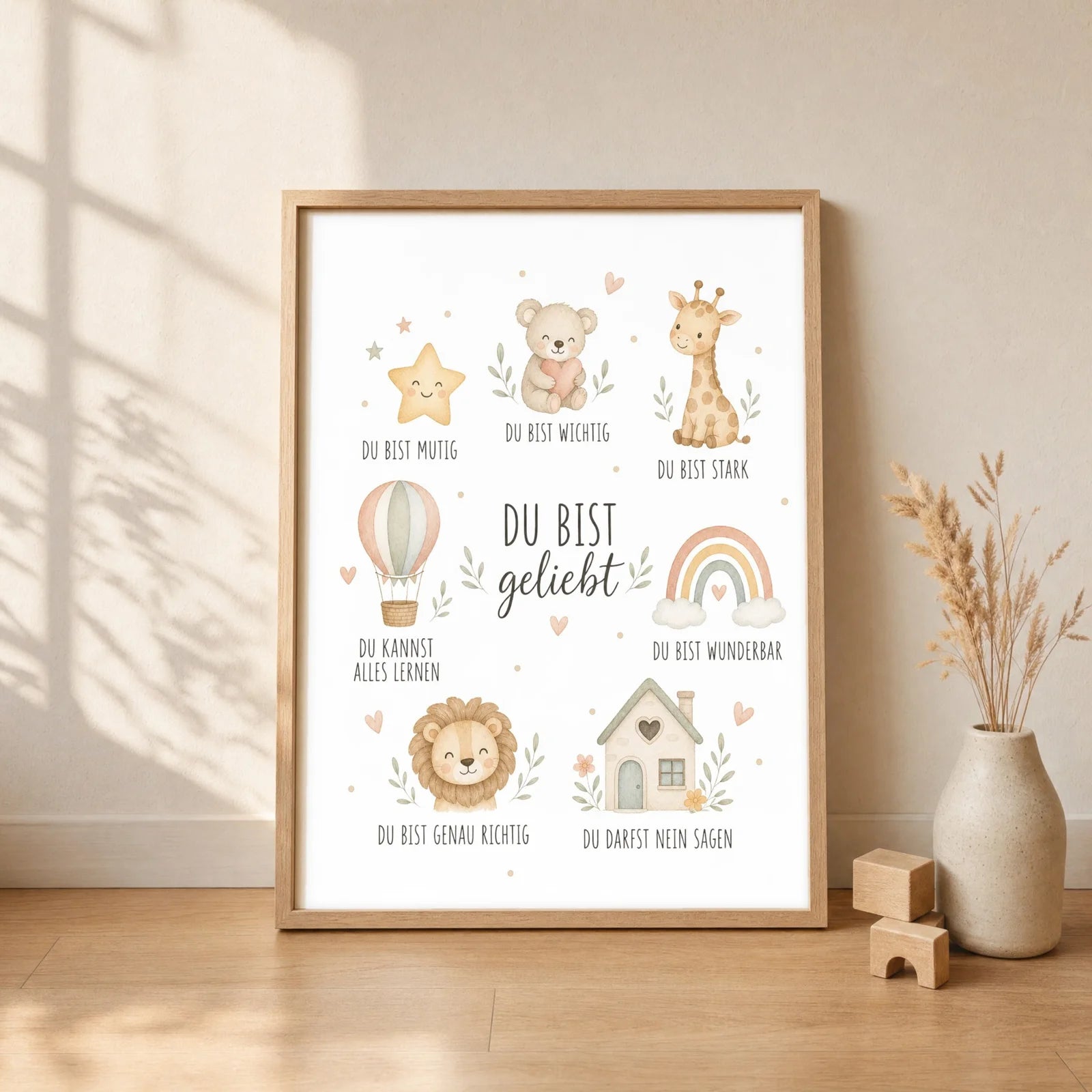 Affirmationsposter Kinderzimmer Collage Du bist geliebt, gerahmt im Format 30 x 40 cm